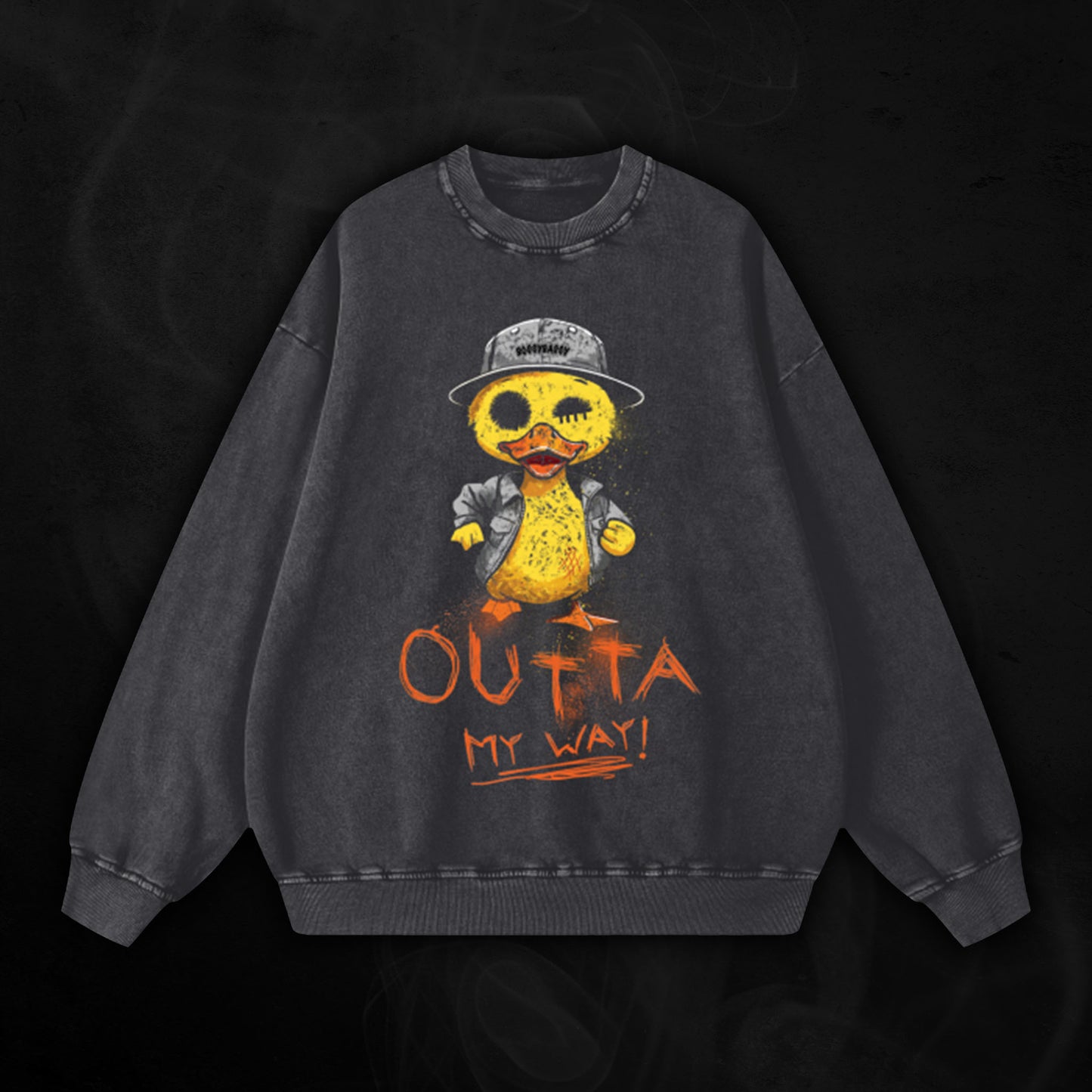 Acid Wash Oversize sweatshirt With A Hand Drawn Illustration of A Rude Duck With The Phrase Outta My Way