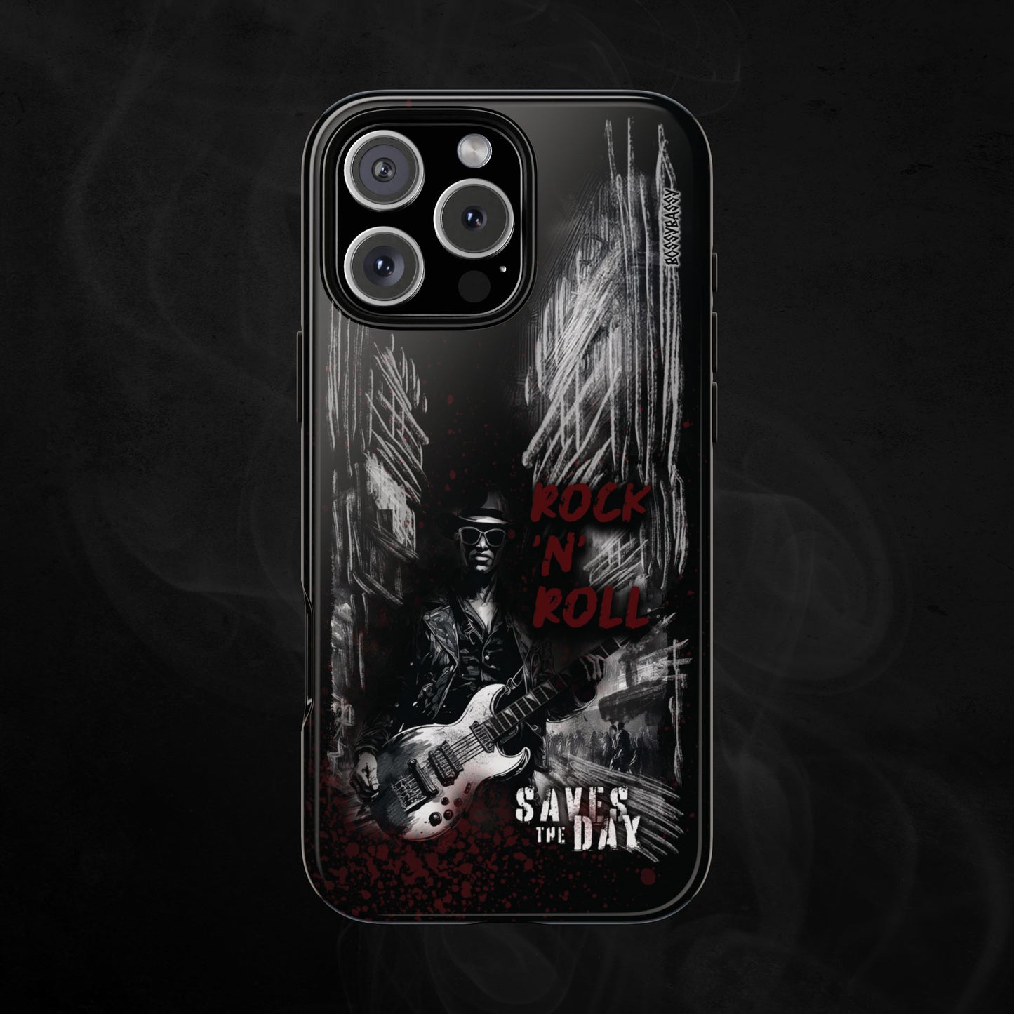 Black Glossy Phone Case With An Illustration Of A roker Man With A Guitar In The Middle Of A Building Design And Text Rock And Roll