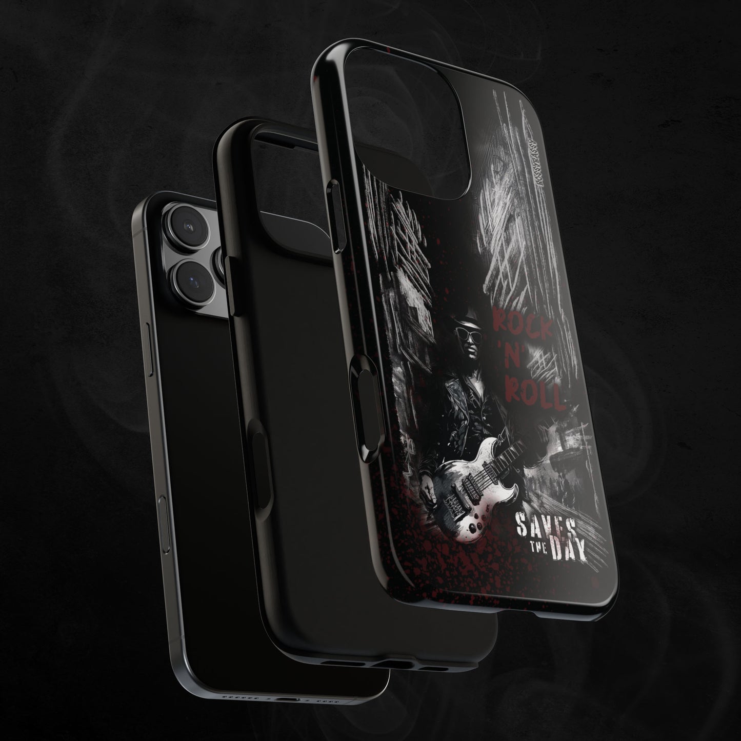 Black Glossy Phone Case Layer With An Illustration Of A roker Man With A Guitar In The Middle Of A Building Design And Text Rock And Roll