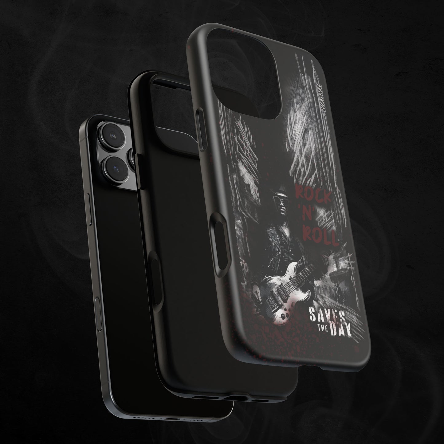 Black Matte Phone Case Layer With An Illustration Of A roker Man With A Guitar In The Middle Of A Building Design And Text Rock And Roll