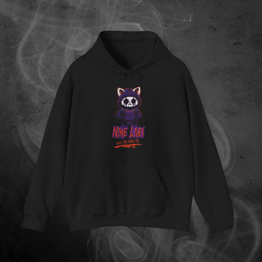 Black Hoodie With A Gothic Emo Cat Design And Text  Nine Lives No Regrets