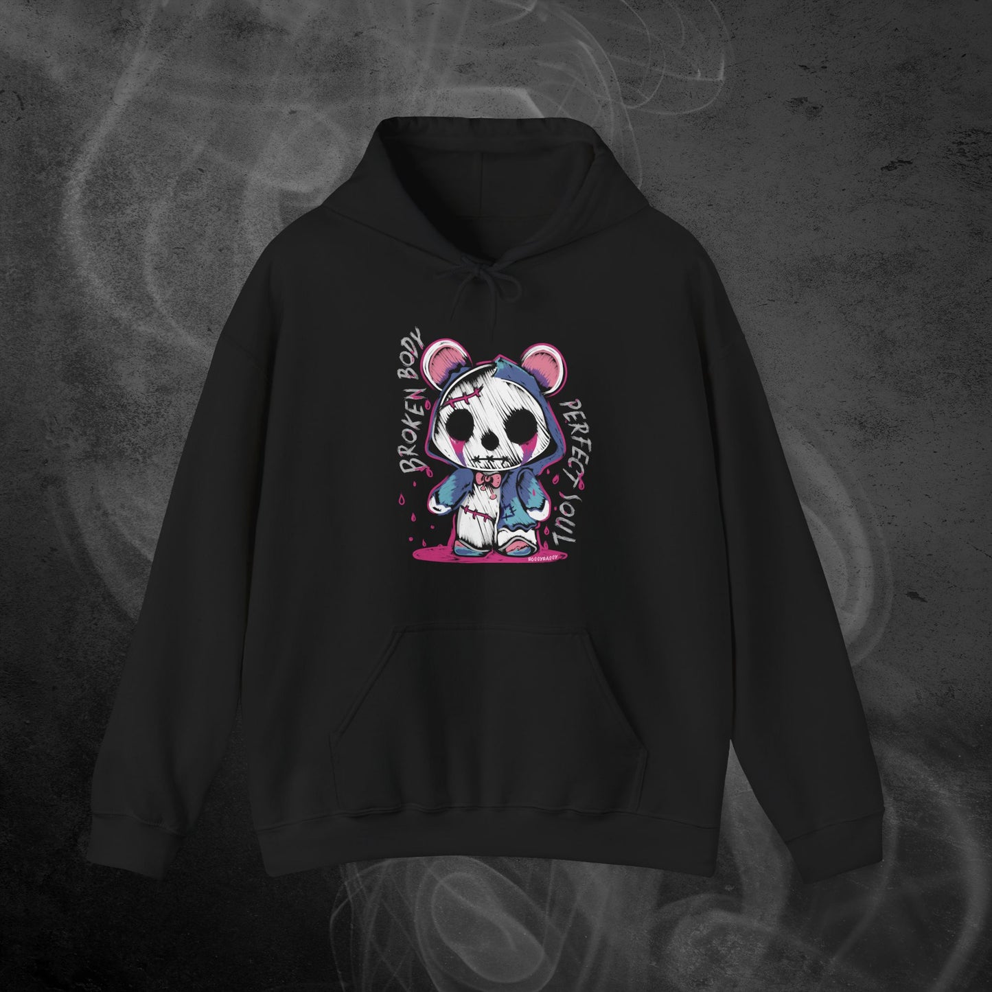 Black Hoodie With A Gothic Emo Hand Drawn Bear Design With Text Broken Soul Perfect Body