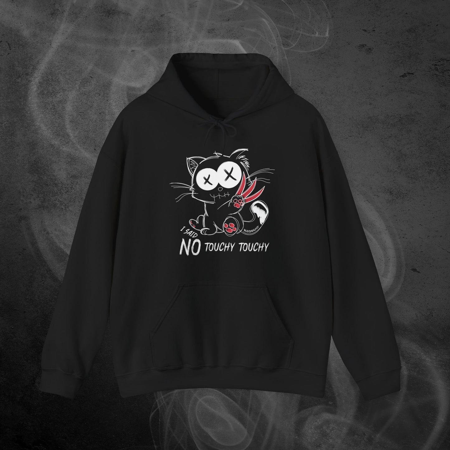 Black Hoodie With Illustration Of An Angry Emo Cat And The Phrase I Said No Touchy Touchy
