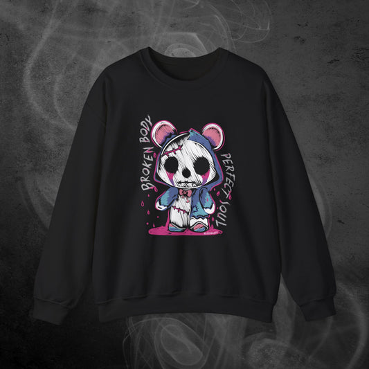 Black Sweatshirt With A Gothic Emo Hand Drawn Bear Design With Text Broken Soul Perfect Body