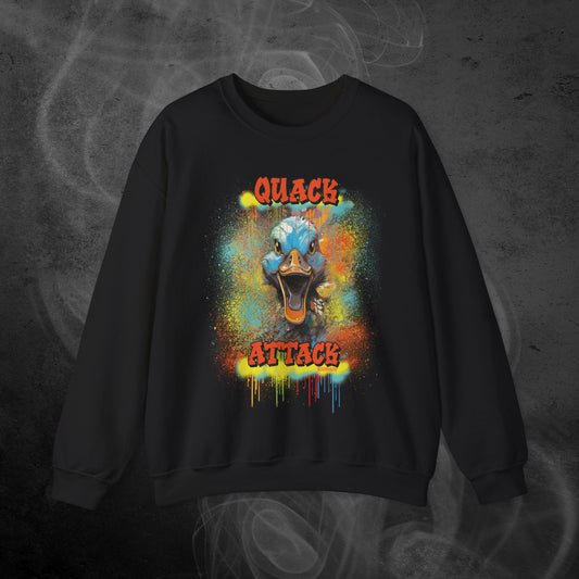 Black Sweatshirt With A Illustration Of A Colorfull Crazy Street Duck And Text Quack Attack-Graffiti Style Design