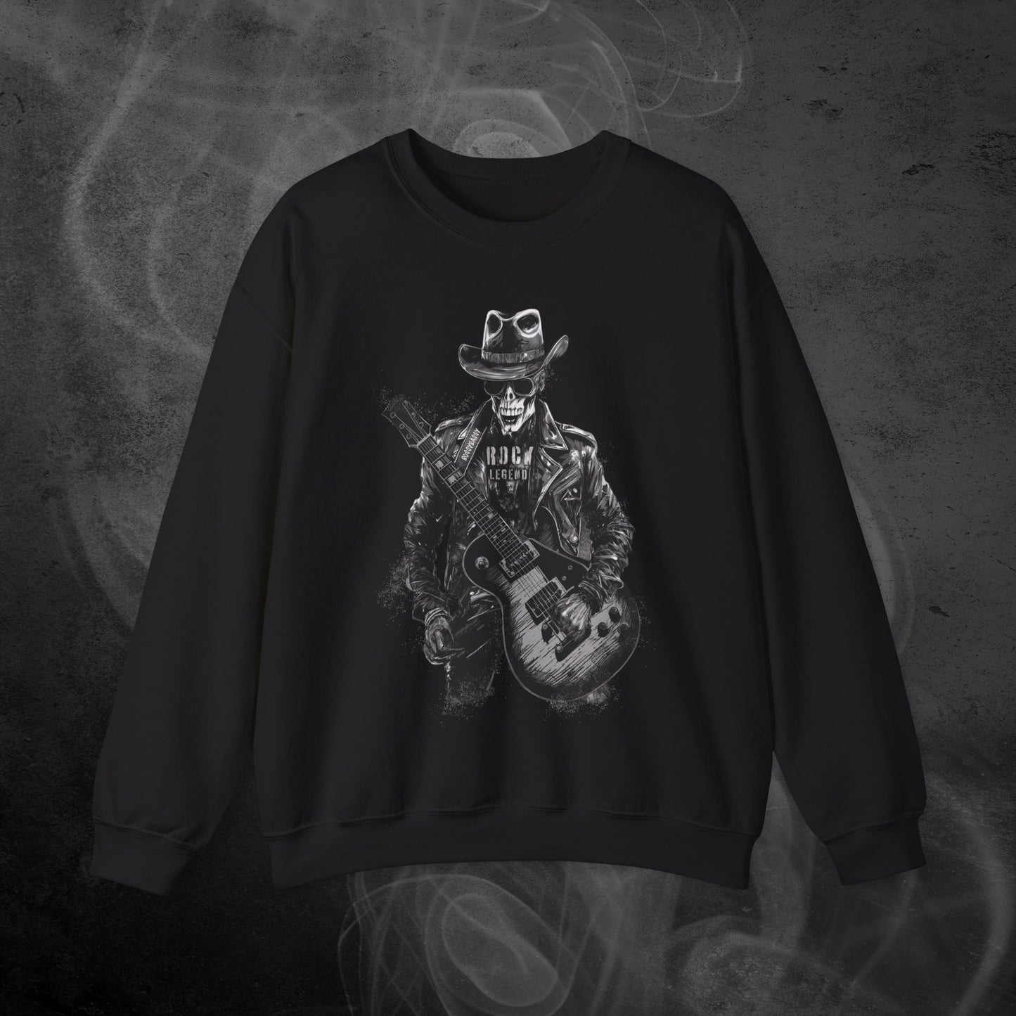 Black Sweatshirt With A Rockstar Skeleton Print And Text Rock Leyend