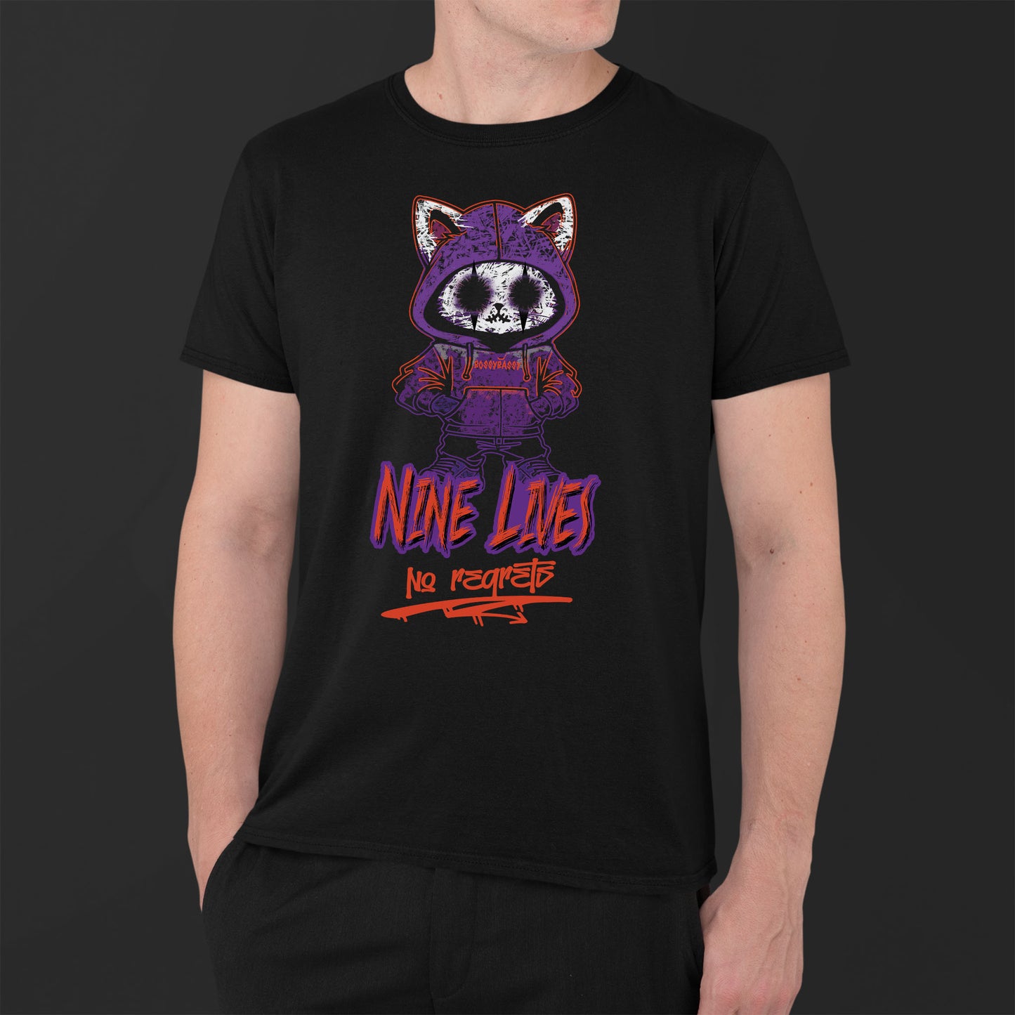 Man Wearing A Black T-shirt With A Gothic Emo Cat Design And Text Nine Lives No Regrets