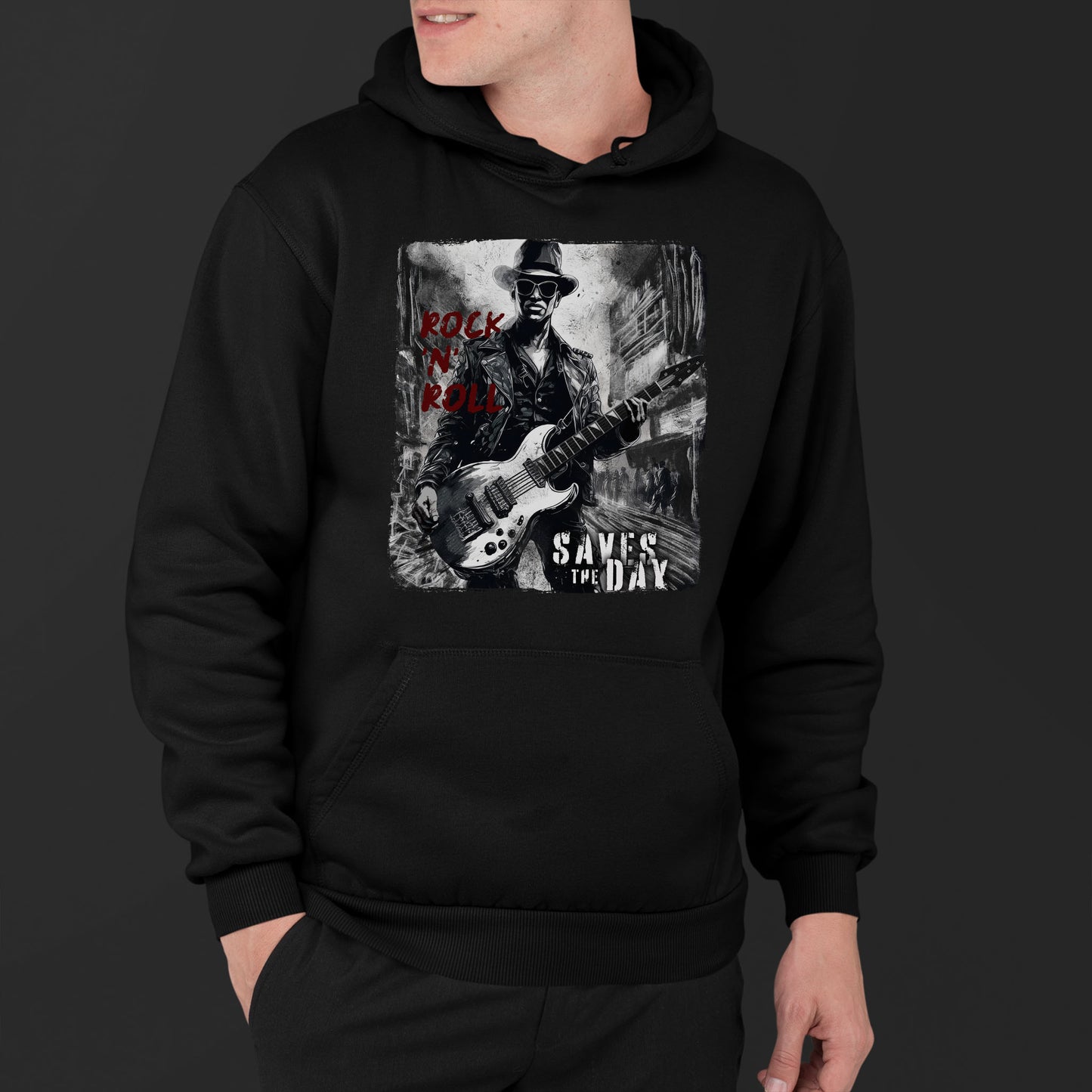 Man a Black Hoodie With An Illustration Of A roker Man With A Guitar In The Middle Of A Building Design And Text Rock And Roll