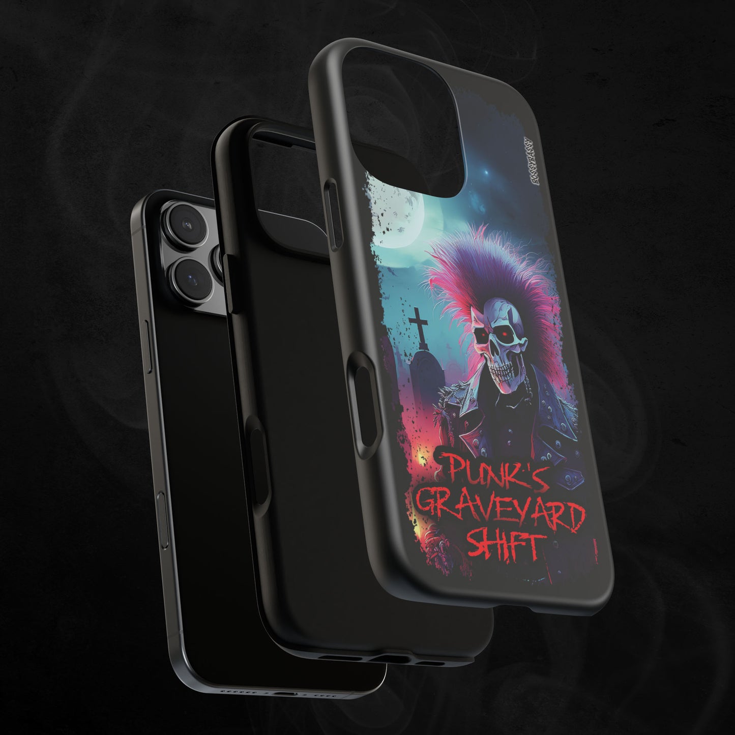 Matte-Phone-Case-Layer-With-an-Illustration-Of-A-Skeleton-Punker-With-Text-Punks-Graveyard-Shift