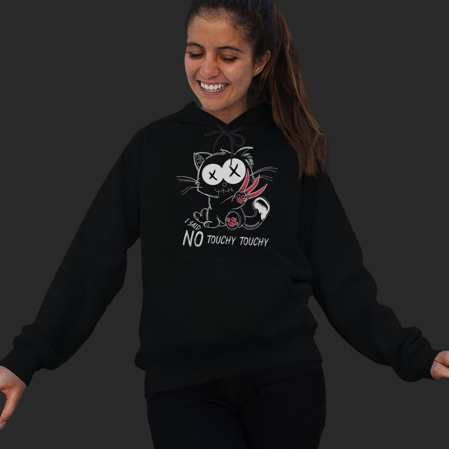Woman Wearing A Black Hoodie With Illustration Of An Angry Emo Cat And The Phrase I Said No Touchy Touchy