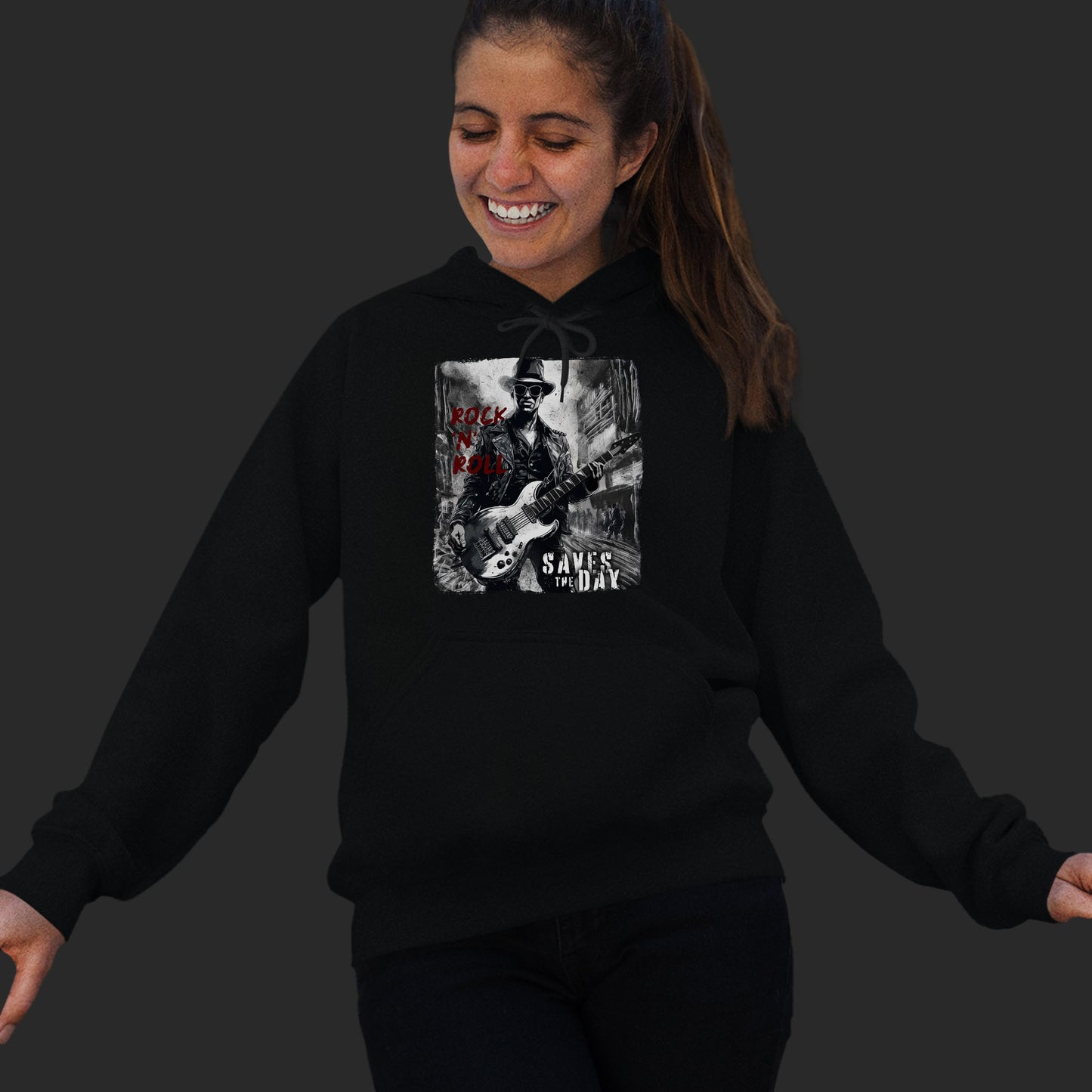 Woman a Black Hoodie With An Illustration Of A roker Man With A Guitar In The Middle Of A Building Design And Text Rock And Roll