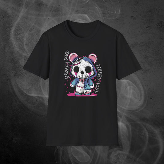 black unisex tshirt features a handrawn illustration of an emo-horror-bear with pink blood dropping design and text broken body perfect soul