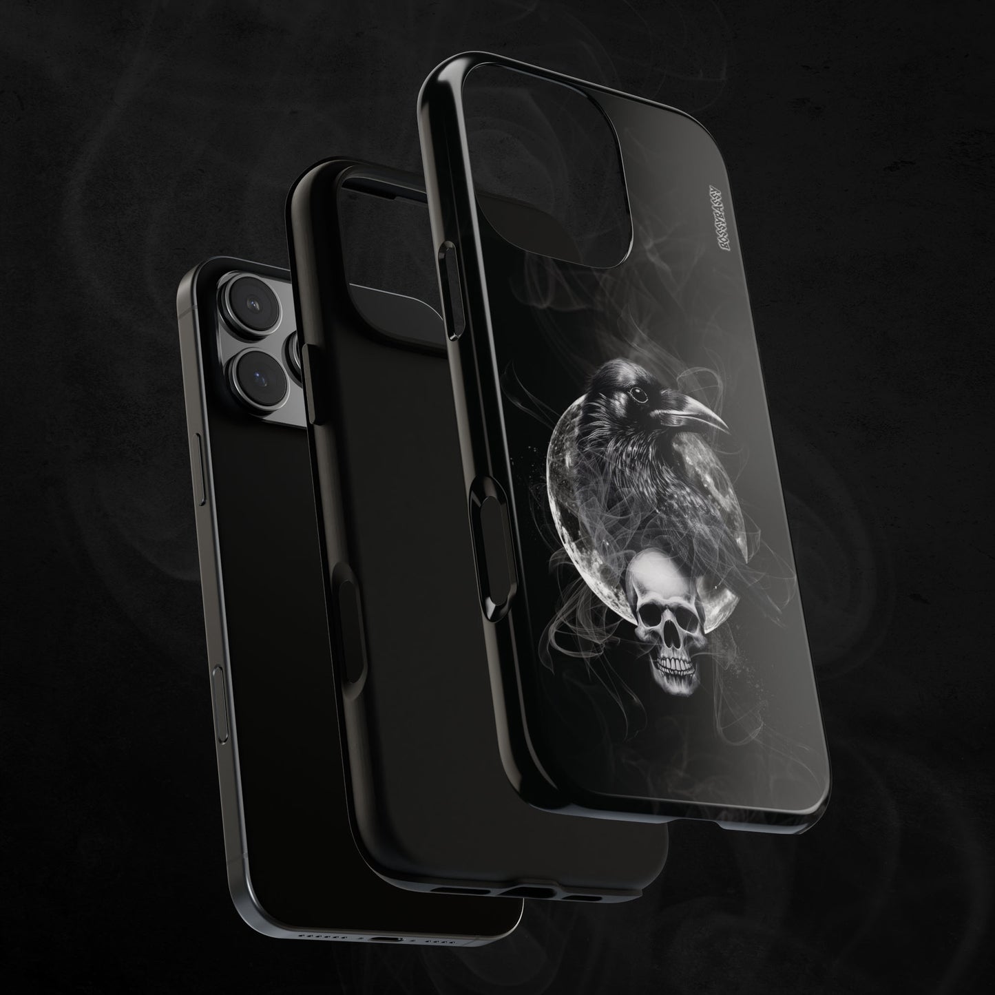 black glossy phone case layer features an illustration of a raven and skeleton at night time with a full moon