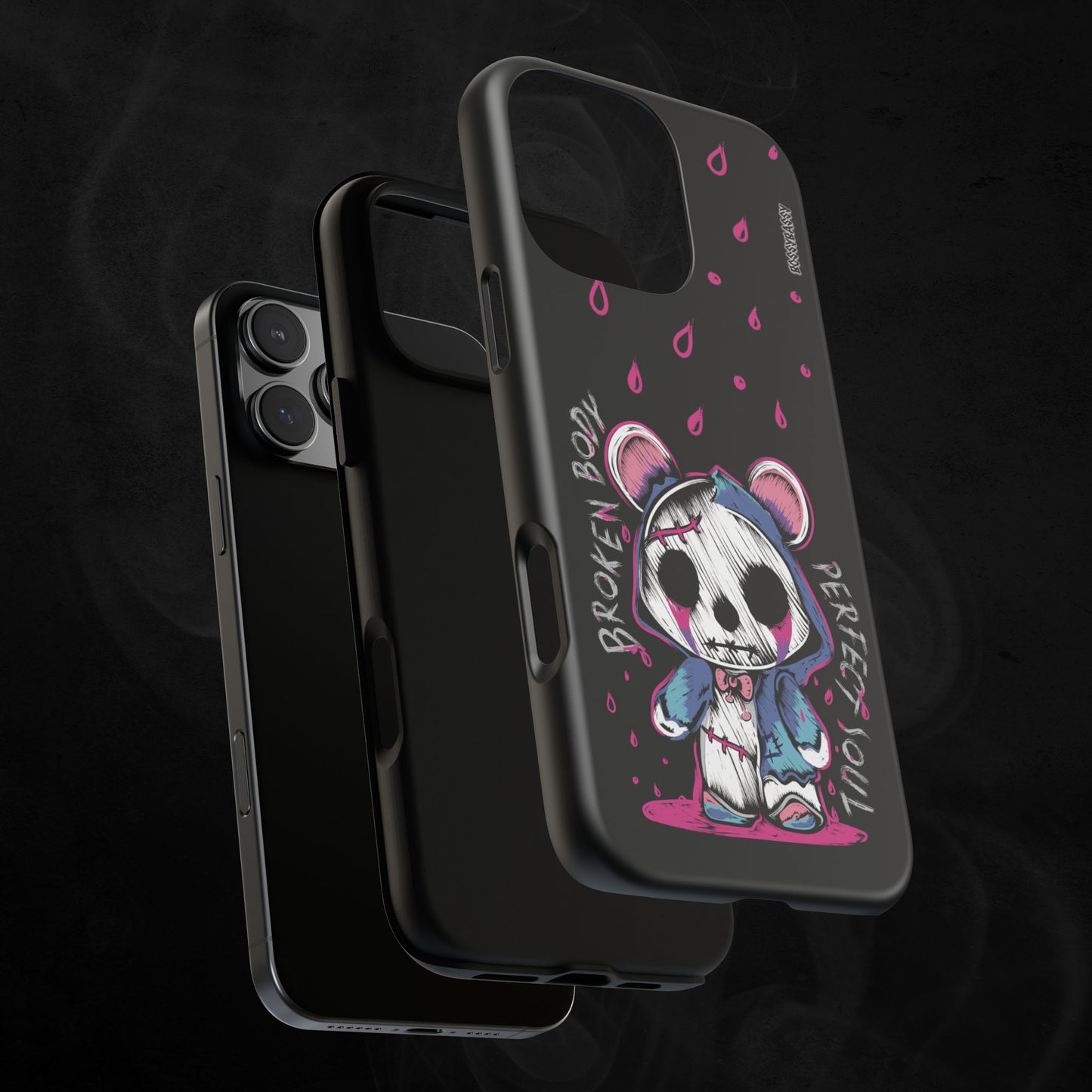 black matte phone case layer features a handrawn illustration of an emo-horror-bear with pink blood dropping design and text broken body perfect soul