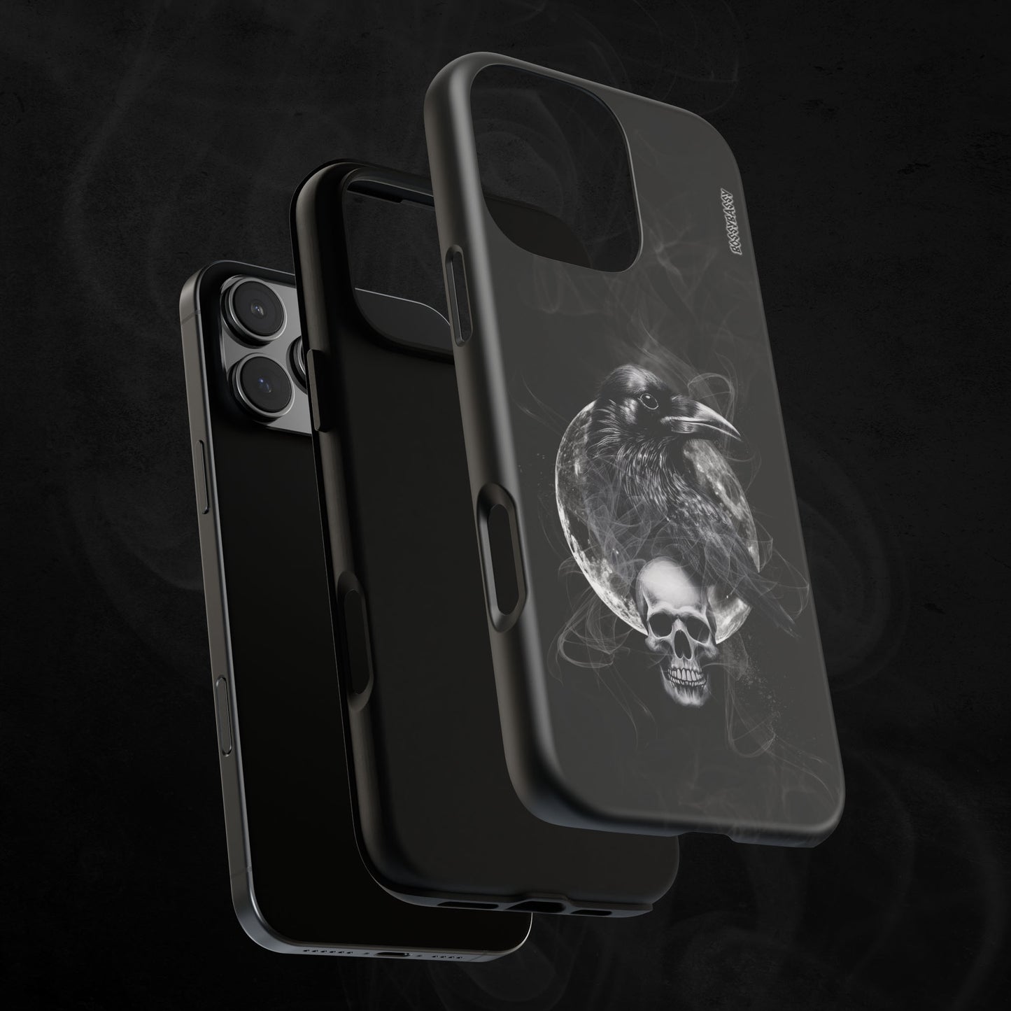 black matte phone case layer features an illustration of a raven and skeleton at night time with a full moon