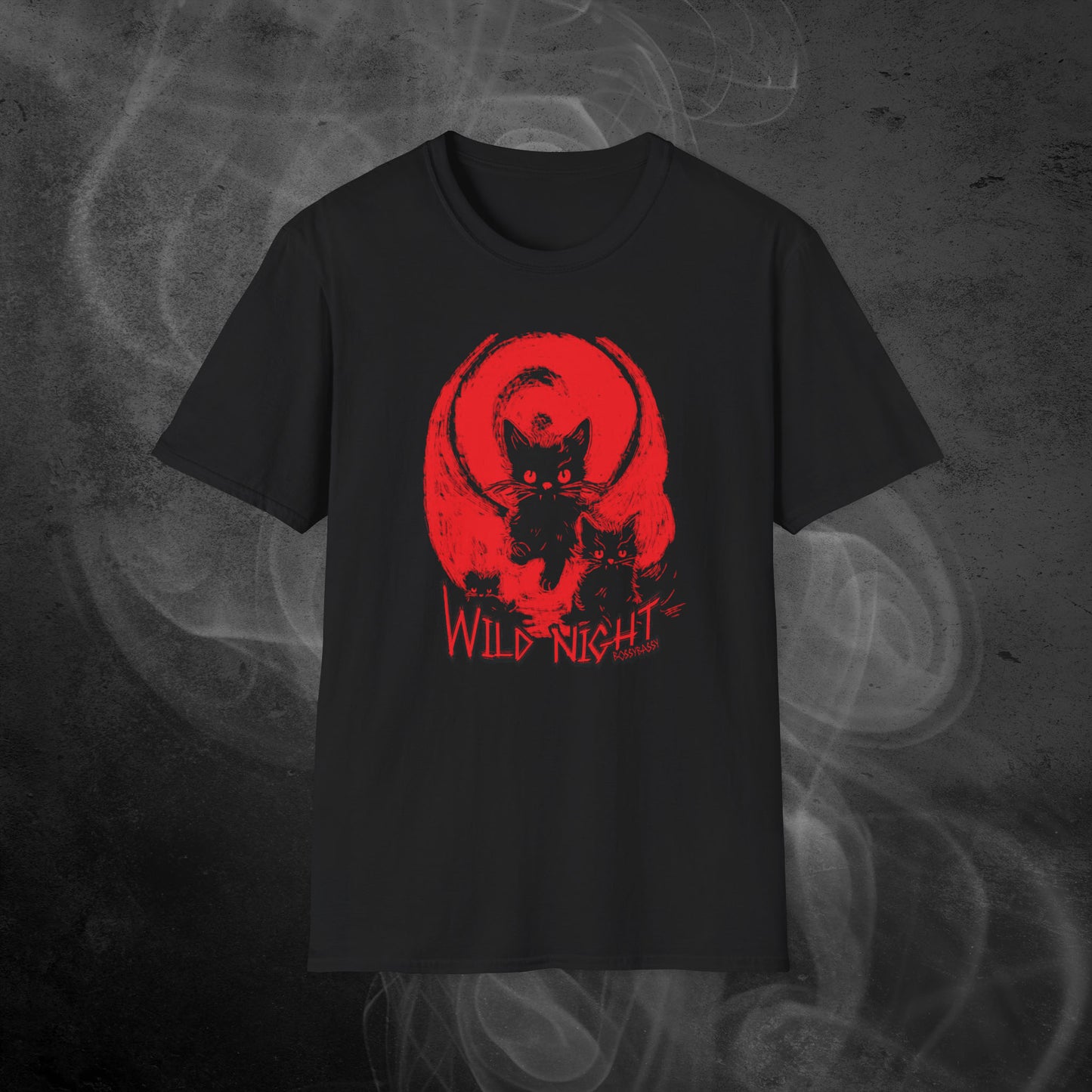 black unisex tshirt features an illustration of black cats with a red background and the text wild night