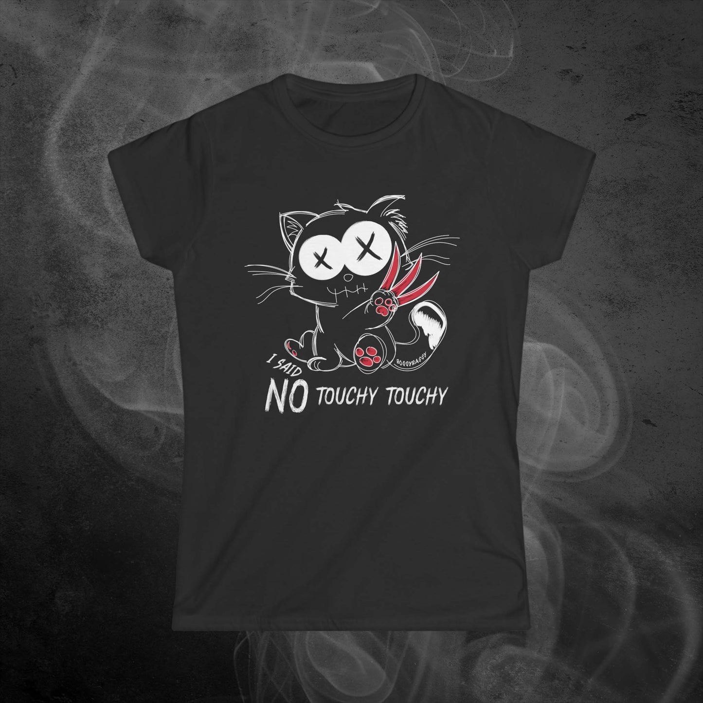 black womens fit tshirt features an illustration of an angry emo cat with the phrase I said no touchy touchy