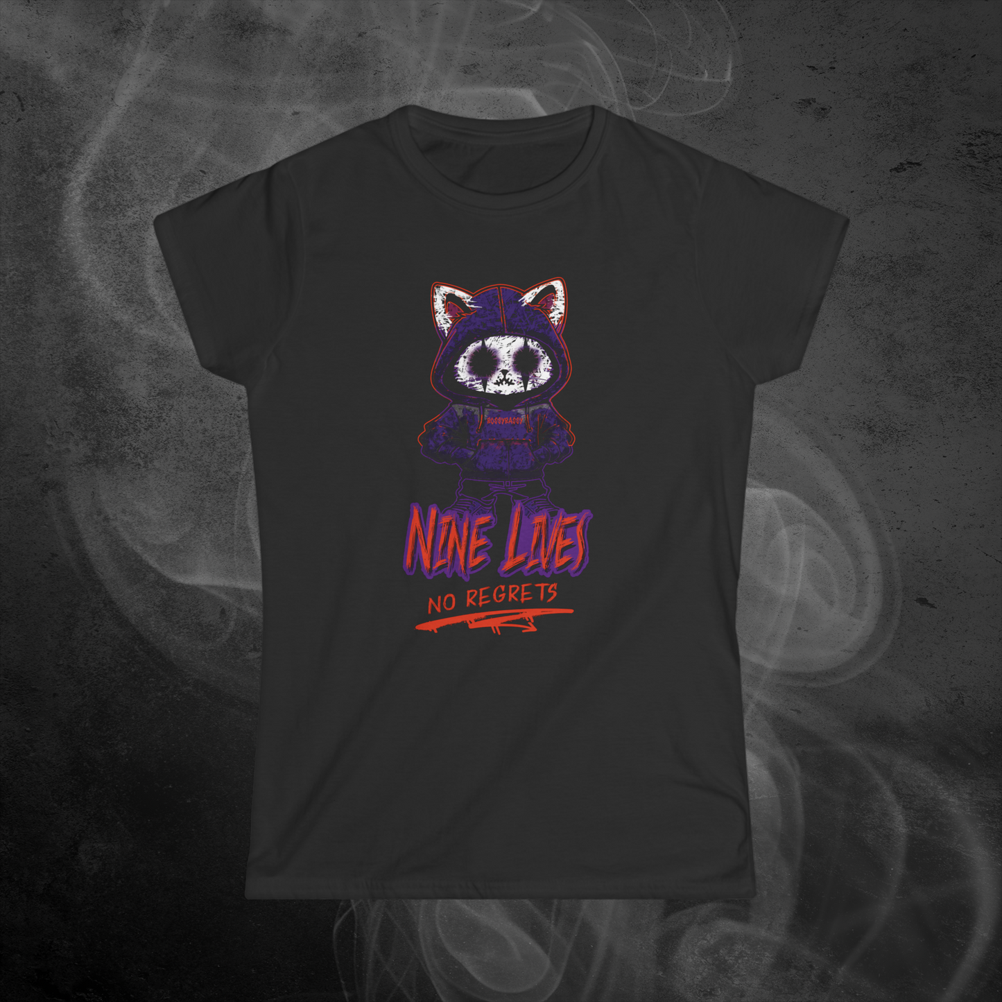 Black T-shirt With A Gothic Emo Cat Design And Text Nine Lives No Regrets