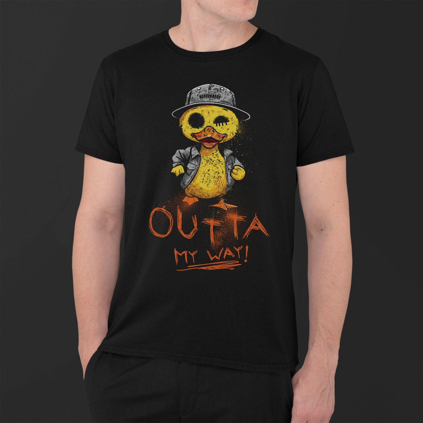 man wearing a black t-shirt features a hand drawn illustration of a rude duck with the phrase outta my way