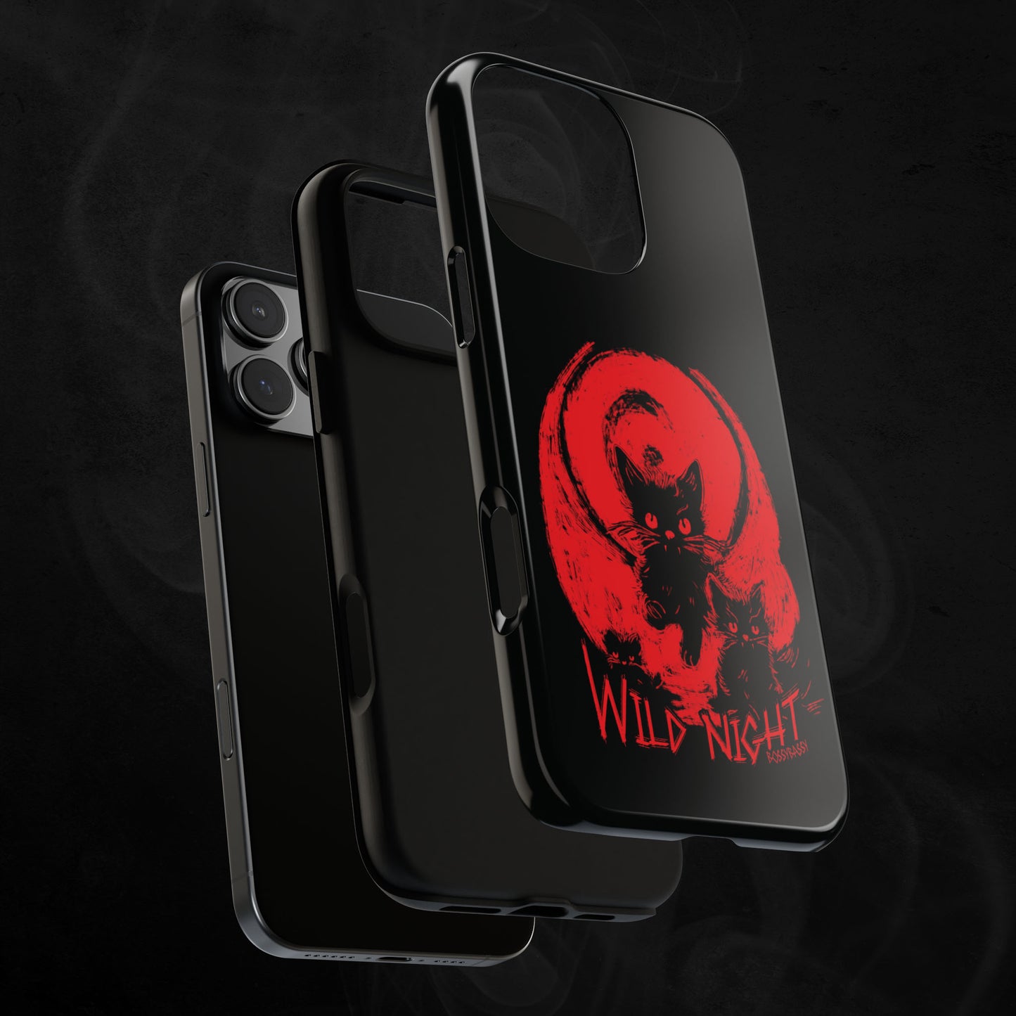 phone case glossy layer features an illustration of black cats with a red background and the text wild nights