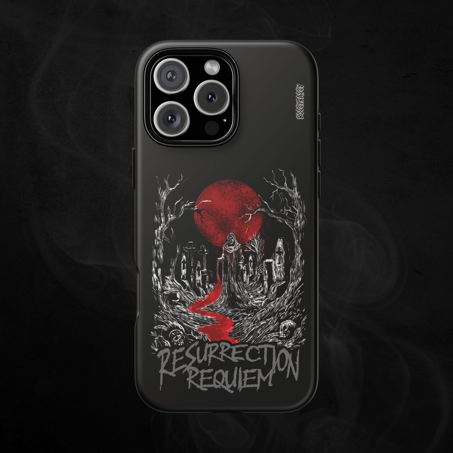 phone case matte features an illustration in a graveyard at nightime with a full moon and the text resurrection requiem