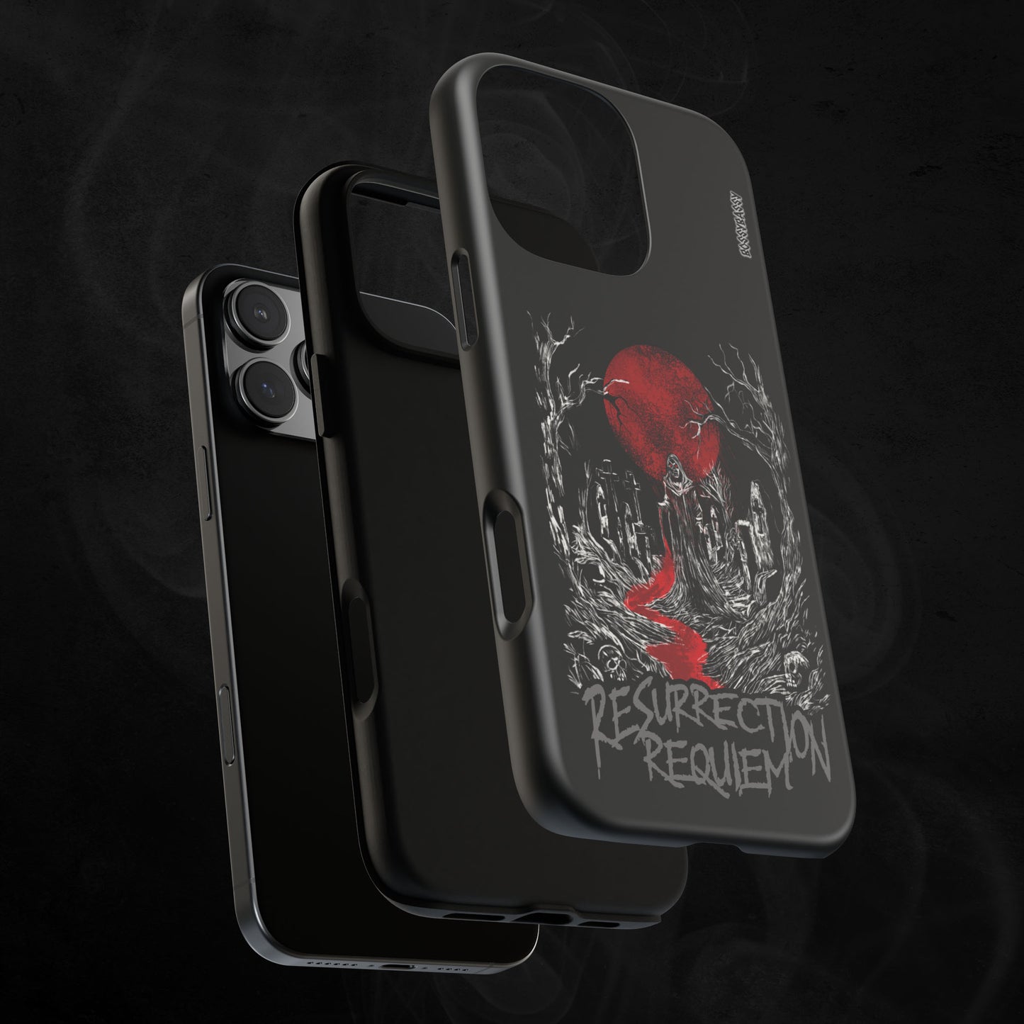 phone case matte layer features an illustration in a graveyard at nightime with a full moon and the text resurrection requiem