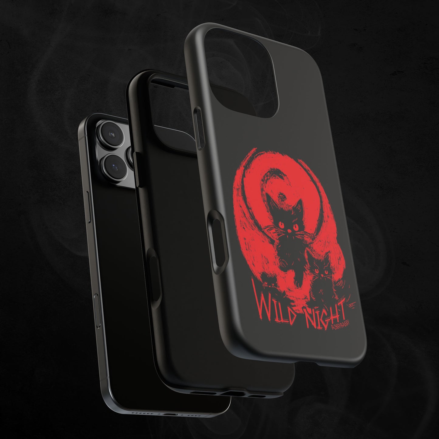 phone case matte layer features an illustration of black cats with a red background and the text wild nights