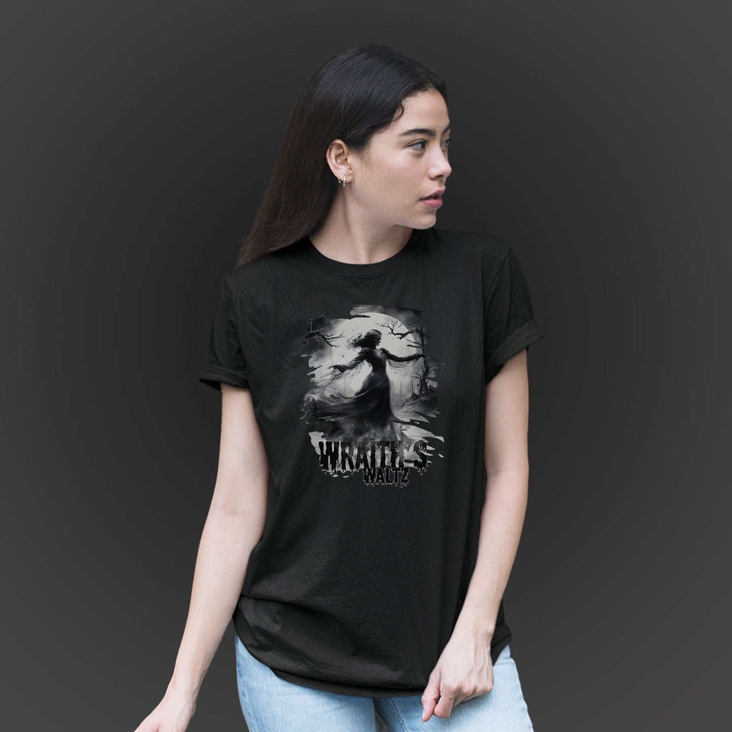 woman-wearing-a-black-unisex-t-shirt-with-gothic-dancing-skeleton-design-and-text-wraiths-waltz