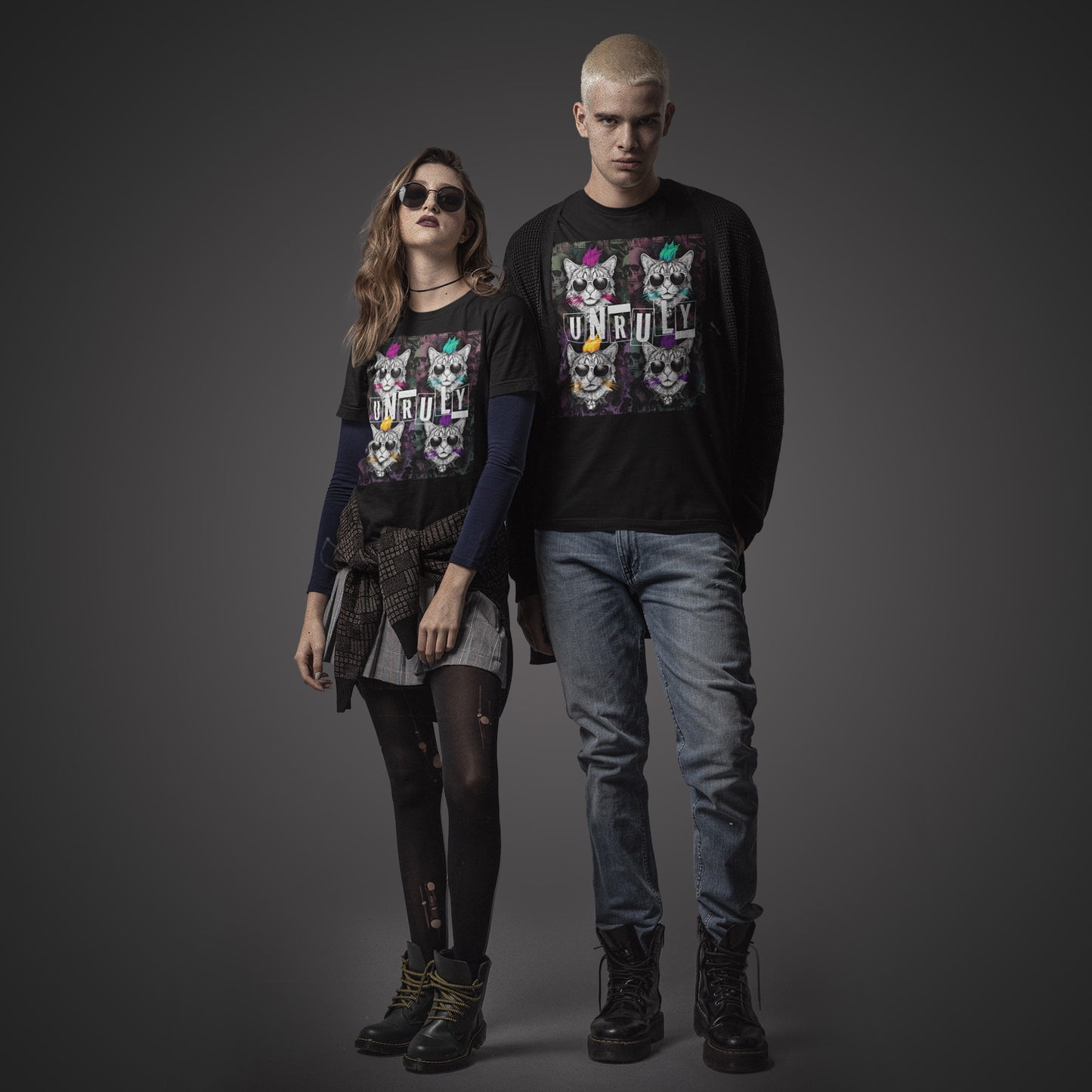 young-couple-wearing-a-black-t-shirt-with-punk-cat-on-different-color-of-hair-design-and-text-unruly