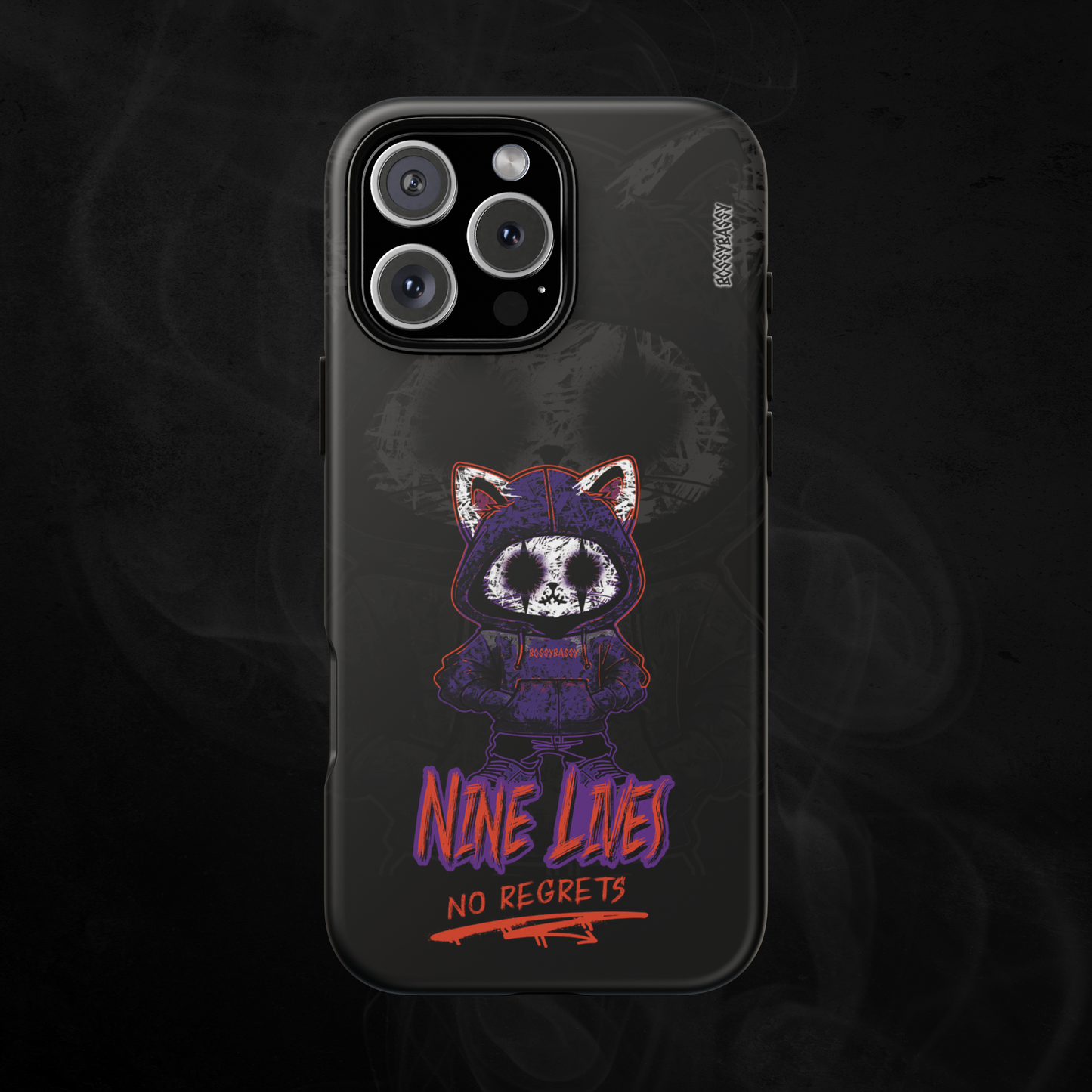 black matte phone case with a hand-drawn illustration of a rebellious emo cat with the phrase Nine lives no regrets