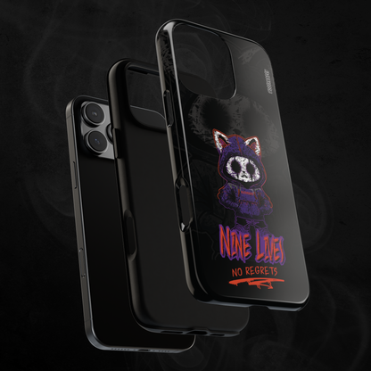 black glossy phone case layers with a hand-drawn illustration of a rebellious emo cat with the phrase Nine lives no regrets