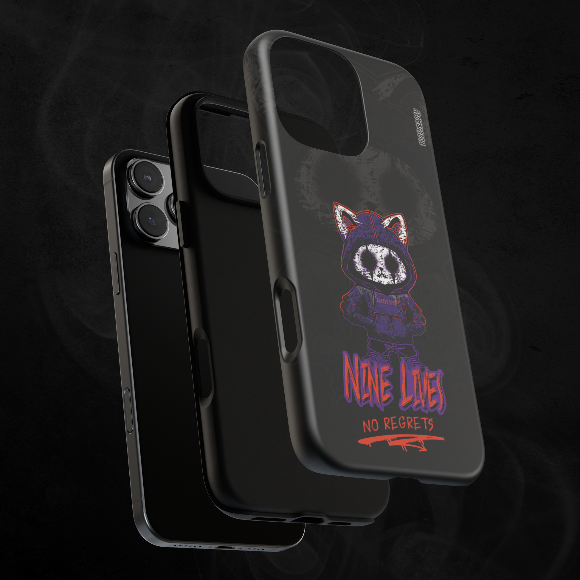 black matte phone case with a hand-drawn illustration of a rebellious emo cat with the phrase Nine lives no regrets