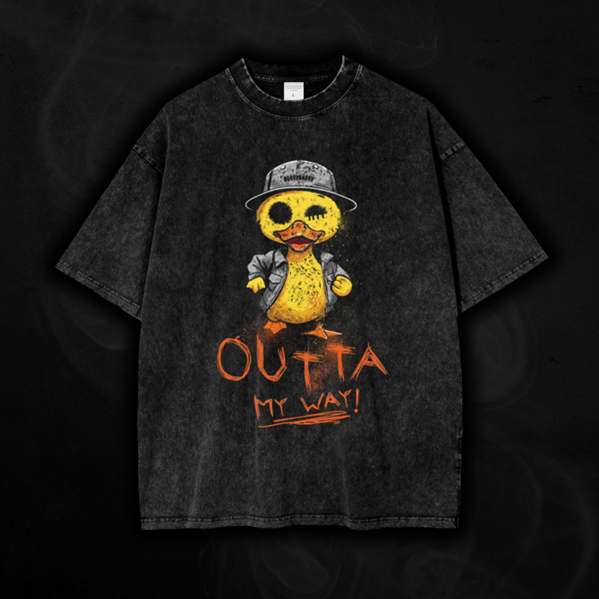 Acid_Wash_Oversize_tshirt_With_A_Hand_Drawn_Illustration_of_A_Rude_Duck_With_The_Phrase_Outta_My_Way