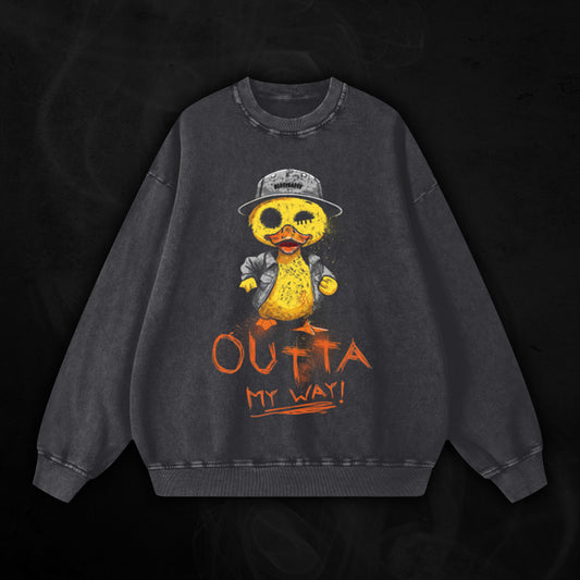 Acid Wash Oversize sweatshirt With  A Hand Drawn Illustration of A Rude Duck With The Phrase Outta My Way