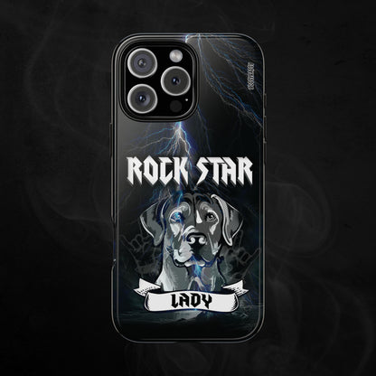 Black-Glossy-Phone-Case-with-an-illustration-of-a-labrador-dog-and-personalized-name-with-text-rock-star