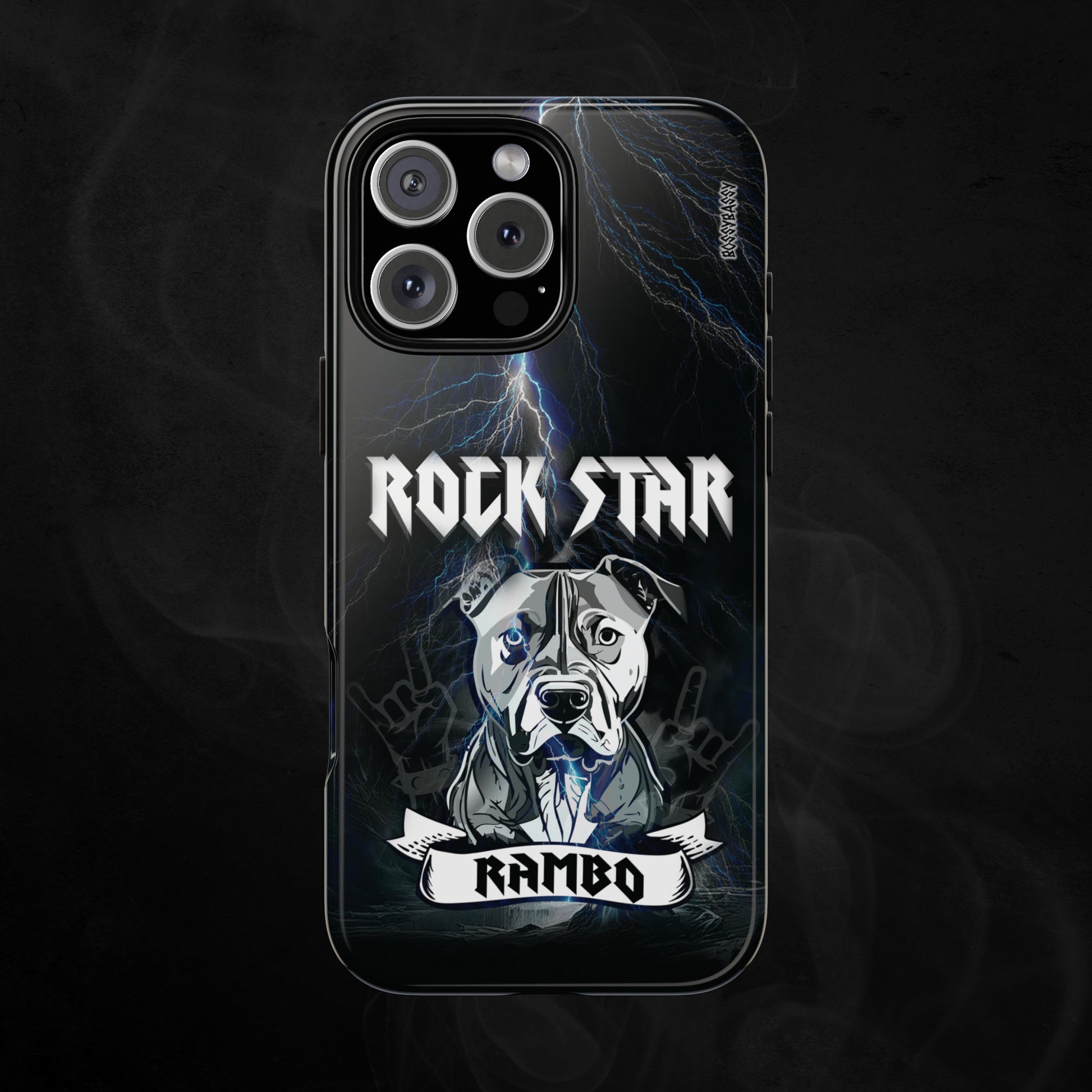 Black-Glossy-Phone-Case-with-an-illustration-of-a-pitbull-dog-and-personalized-name-with-text-rock-star