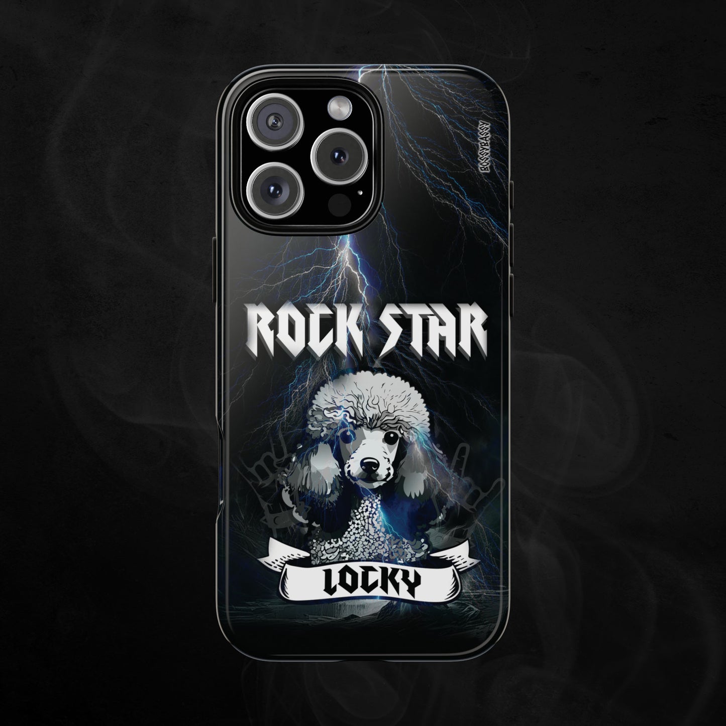 Black-Glossy-Phone-Case-with-an-illustration-of-a-poodle-dog-and-personalized-name-with-text-rock-star