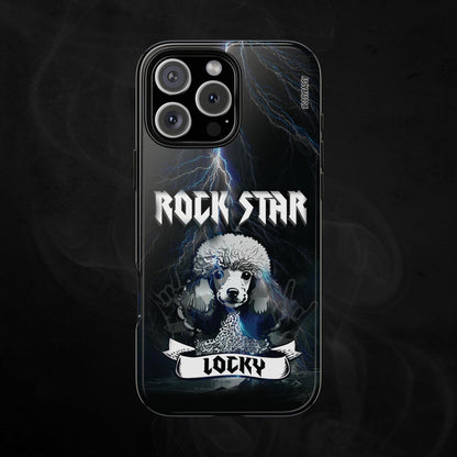 Black-Glossy-Phone-Case-with-an-illustration-of-a-poodle-dog-and-personalized-name-with-text-rock-star