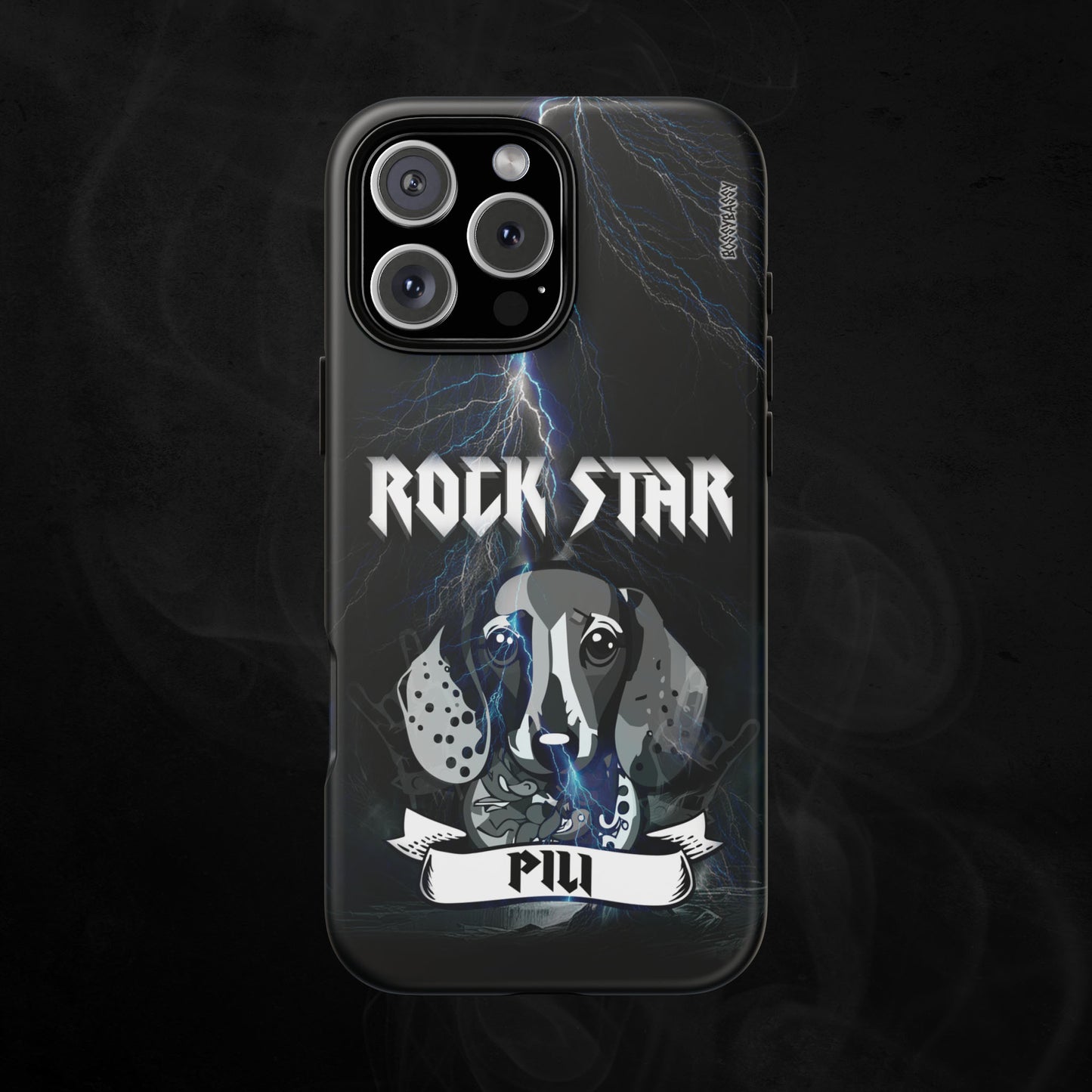 Black-Matte-Phone-Case-with-an-illustration-of-a-dachs-dog-and-personalized-name-with-text-rock-star