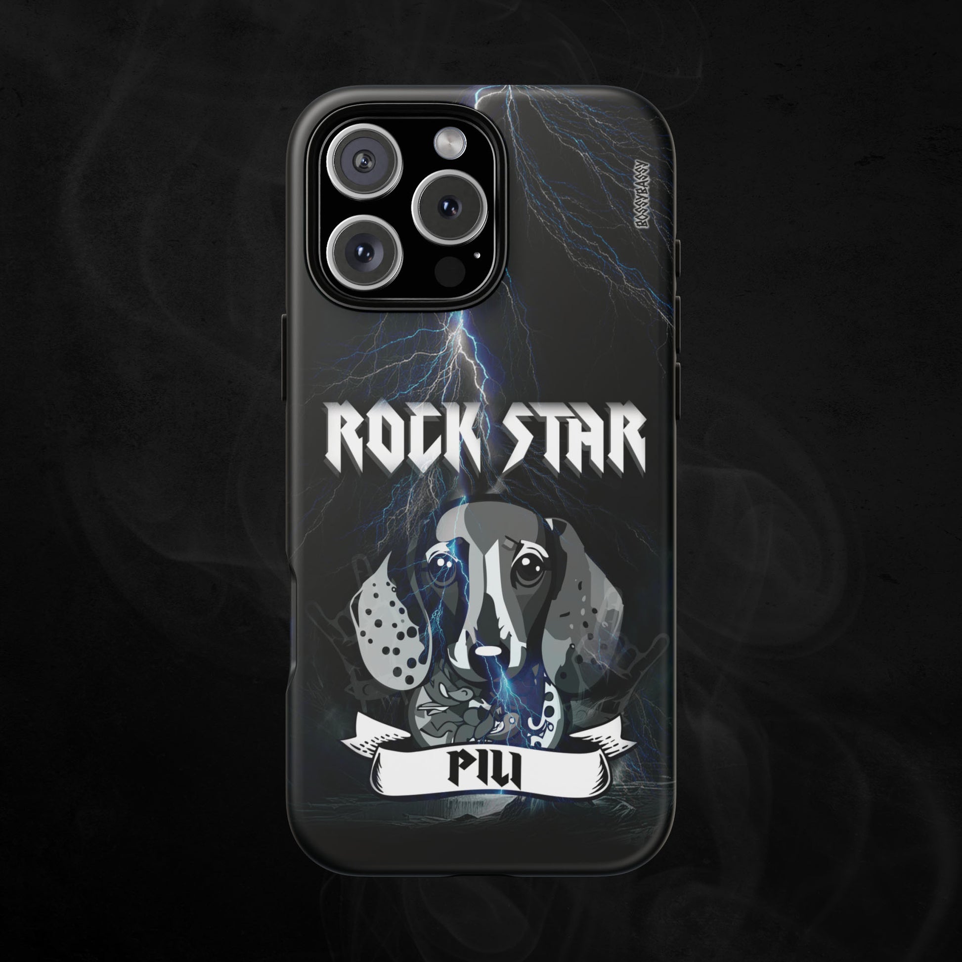 Black-Matte-Phone-Case-with-an-illustration-of-a-dachs-dog-and-personalized-name-with-text-rock-star