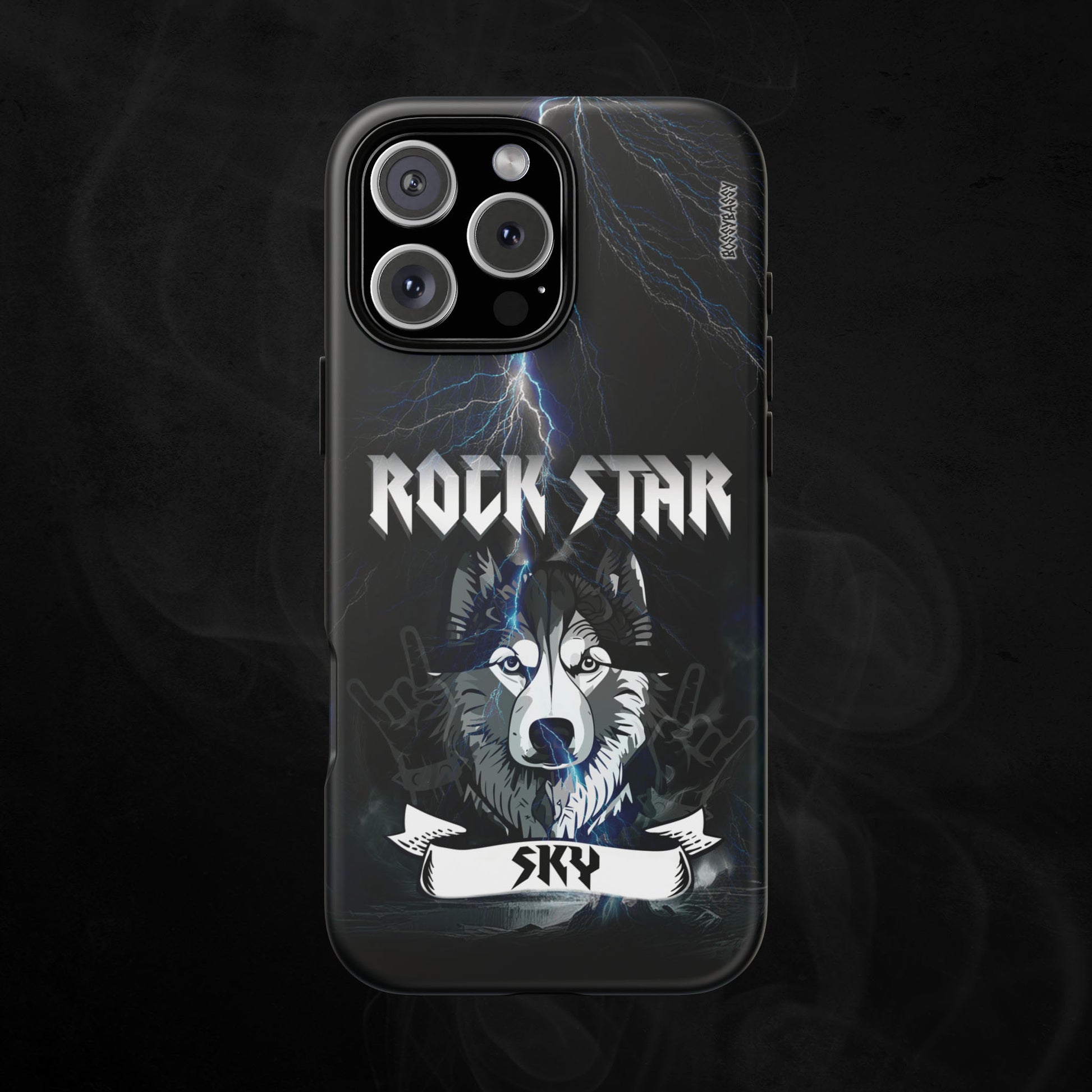 Black-Matte-Phone-Case-with-an-illustration-of-a-huskie-dog-and-personalized-name-with-text-rock-star