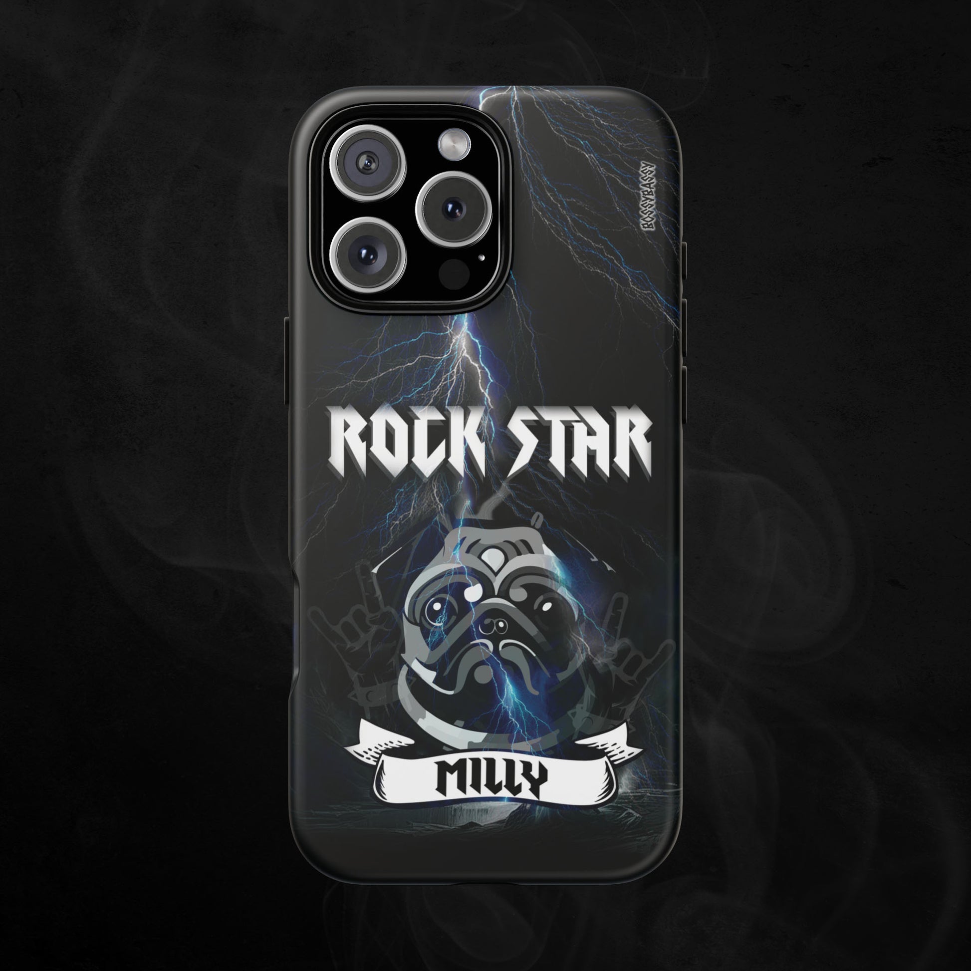 Black-Matte-Phone-Case-with-an-illustration-of-a-pug-dog-and-personalized-name-with-text-rock-star