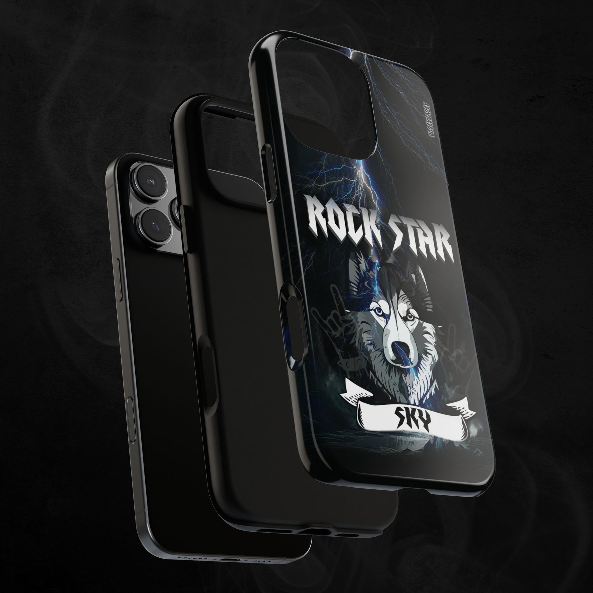 Black-Side-Glossy-Phone-Case-with-an-illustration-of-a-huskie-dog-and-personalized-name-with-text-rock-star