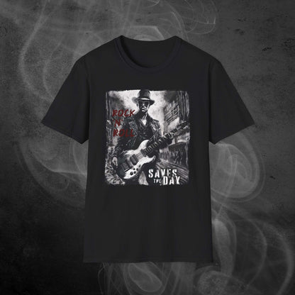 Black-Unisex-Tshirt-With-An-Illustration Of A roker Man With A Guitar In The Middle Of A Building Design And Text Rock And Roll