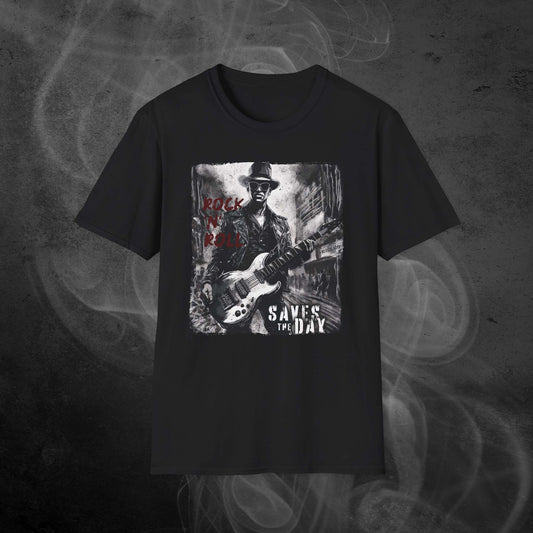 Black-Unisex-Tshirt-With-An-Illustration Of A roker Man With A Guitar In The Middle Of A Building Design And Text Rock And Roll