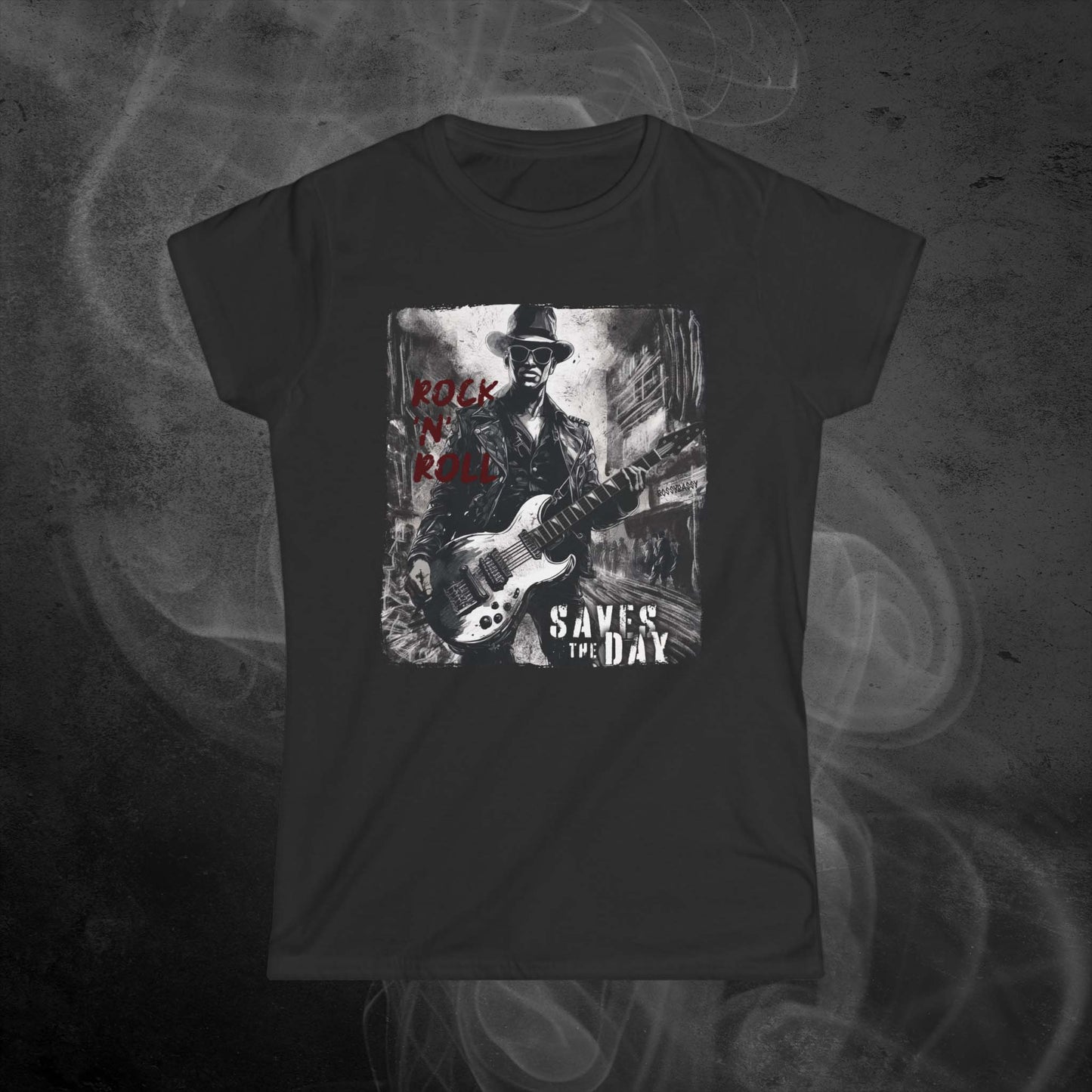 Black-Womens-Fit-Tshirt-With-An-Illustration Of A roker Man With A Guitar In The Middle Of A Building Design And Text Rock And Roll