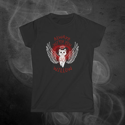 Black Condolence womens Fit T-shirt With Gothic Emo Cat With Angel Wings With Text Always With You And Custom Name