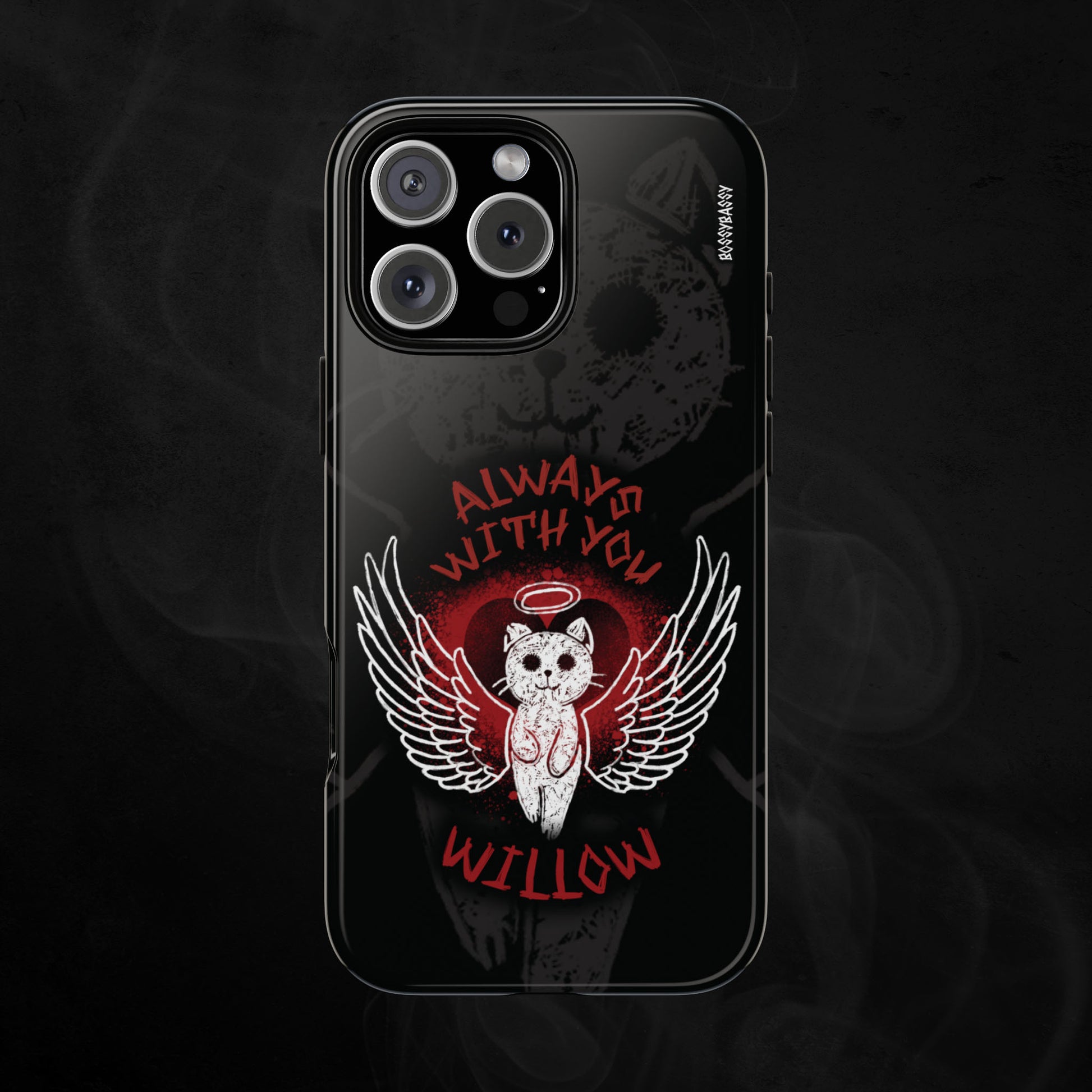 black glossy phone case with illustration of an angel cat and the text Always With You and custom name