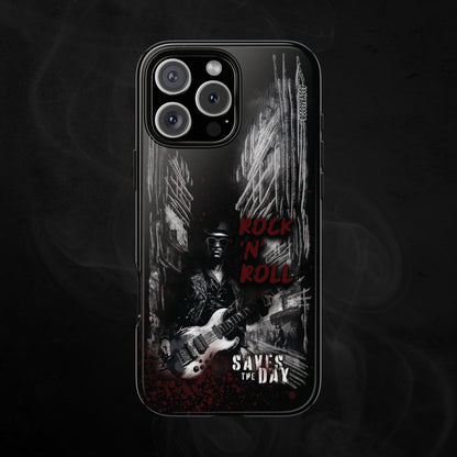 Black Glossy Phone Case With An Illustration Of A roker Man With A Guitar In The Middle Of A Building Design And Text Rock And Roll