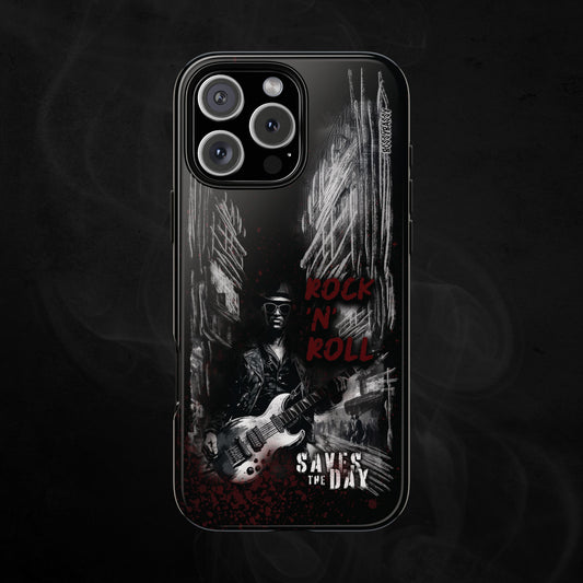 Black Glossy Phone Case With An Illustration Of A roker Man With A Guitar In The Middle Of A Building Design And Text Rock And Roll